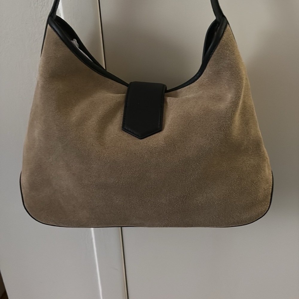 J. Crew Tan Suede Shoulder Bag with Black Trim and Gold Accent - Picture 3 of 7